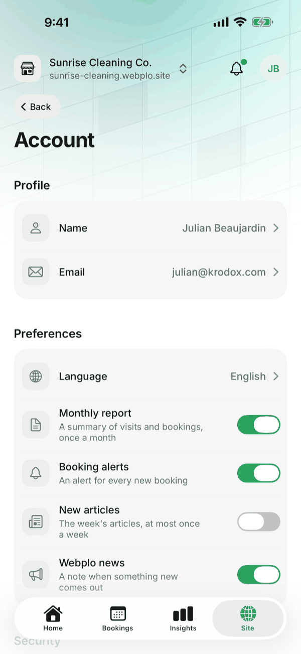 The Account screen of the Webplo app