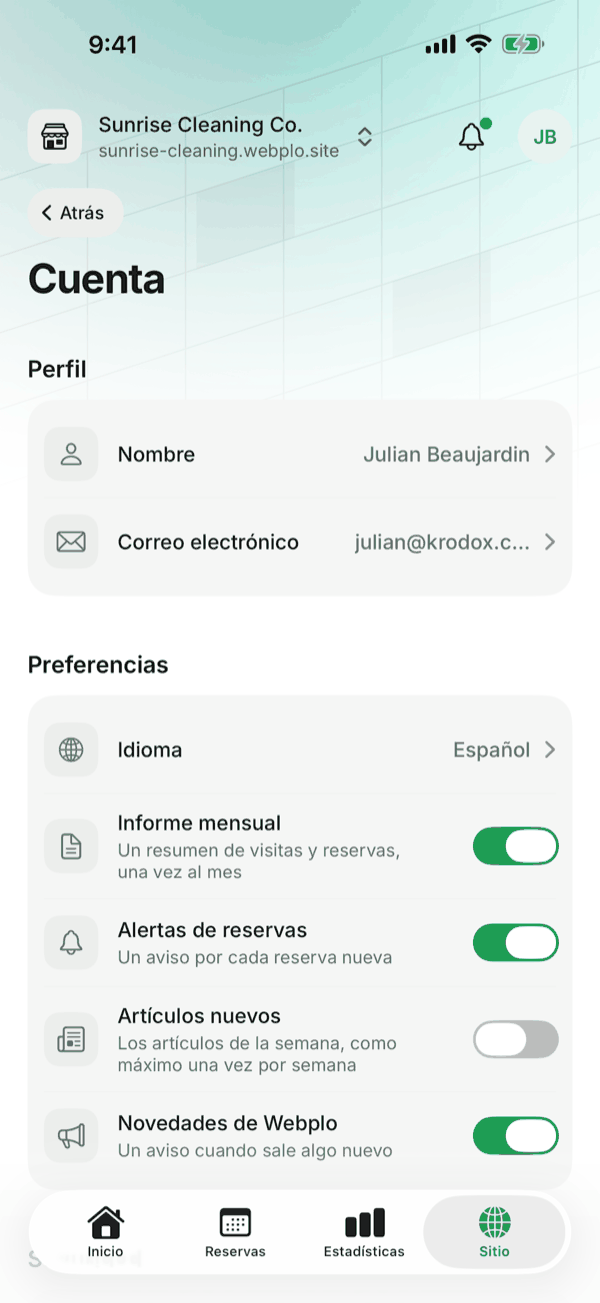 La pantalla de cuenta de la app de Webplo