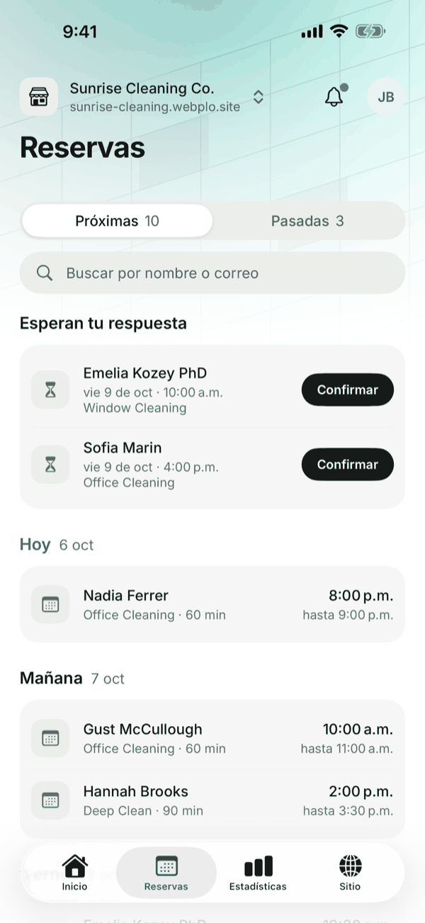 La pantalla de reservas de la app de Webplo