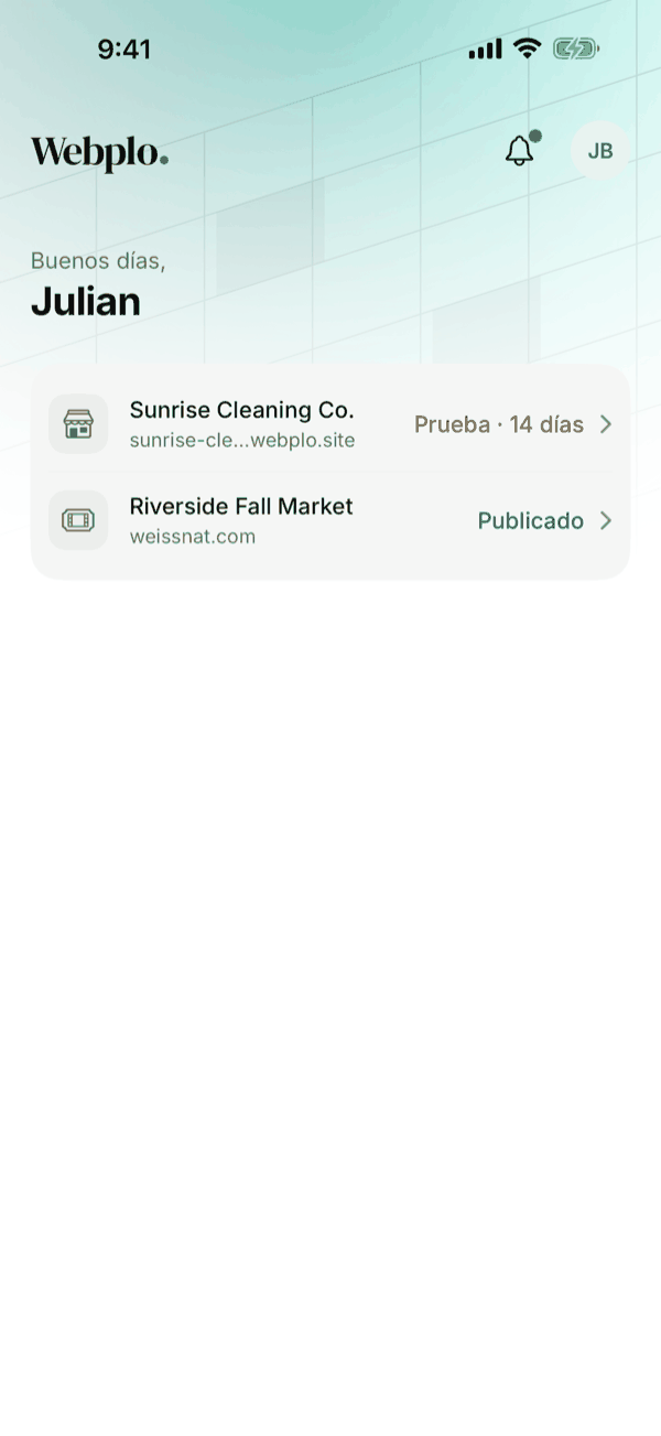 La lista de sitios en la app de Webplo