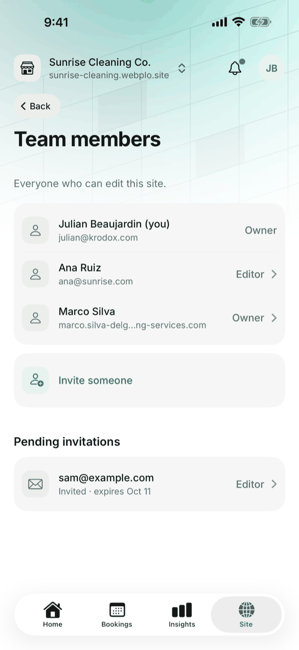 The Team members screen of the Webplo app